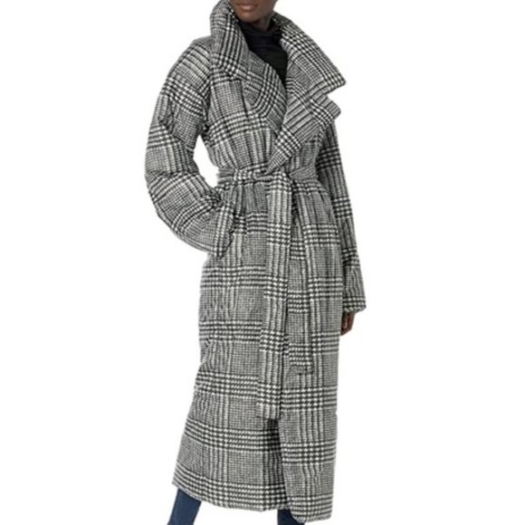 SHINESTAR COLLECTION MS SIZE LARGE BLACK AND WHITE PLAID BELTED WAIST MIDI COAT - Picture 1 of 9